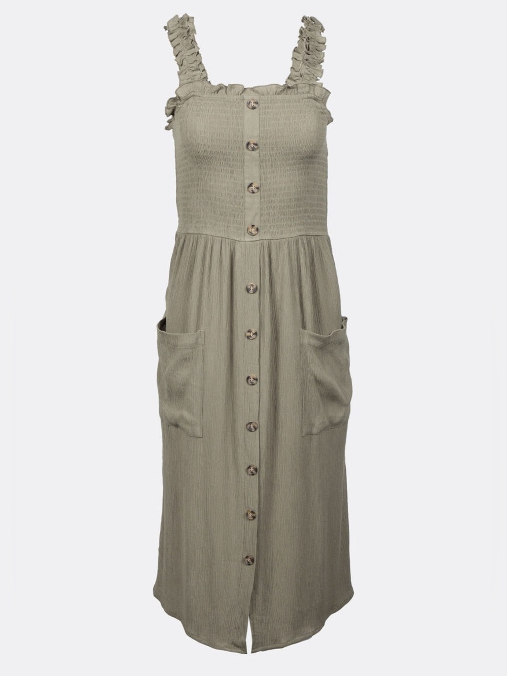 Olive Green Button-Front Midi Sundress with Ruffle Straps
